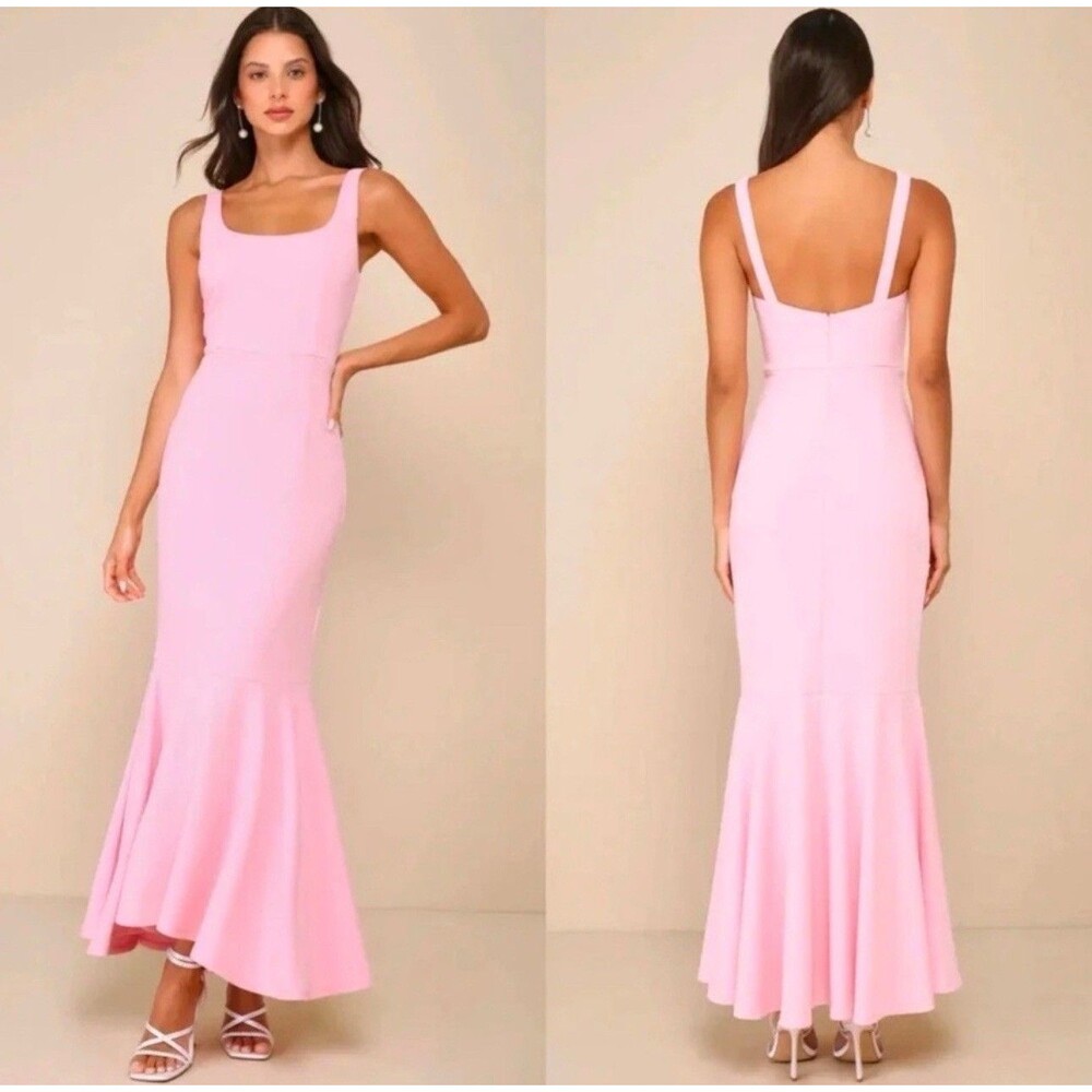 Lulus Romantic Destiny Light Pink Square Neck Trumpet Maxi Dress size medium